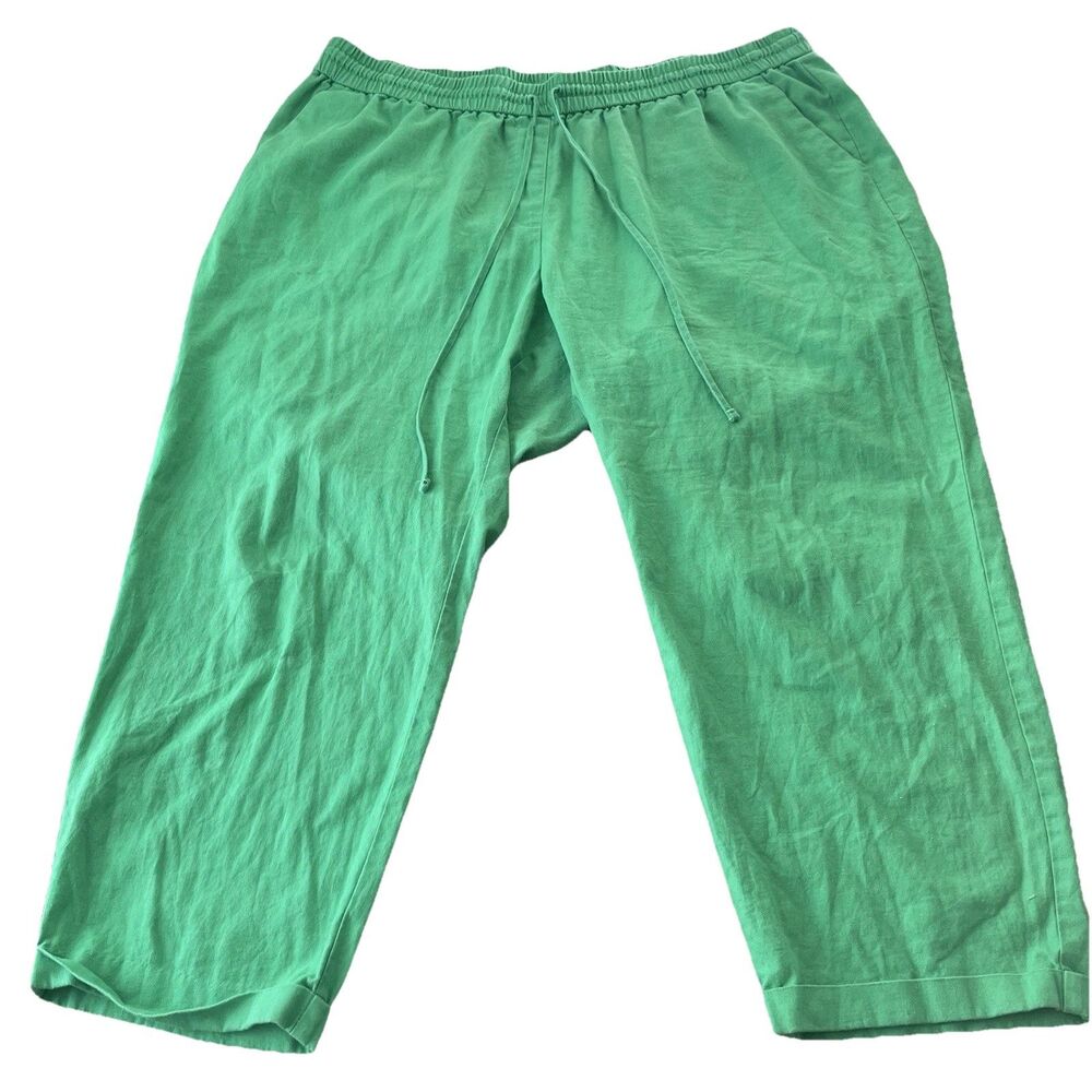 J.Crew Pant Women 20 Green Linen Cotton Ankle Relaxed Elastic Waist Coastal Boho